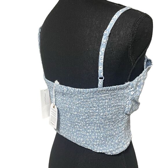 AE Blue DItsy Floral Smocked Twist Front Crop Top - Picture 3 of 7